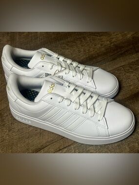 adidas Grand Court White Leather Low-Top Sneakers with Gold Logo